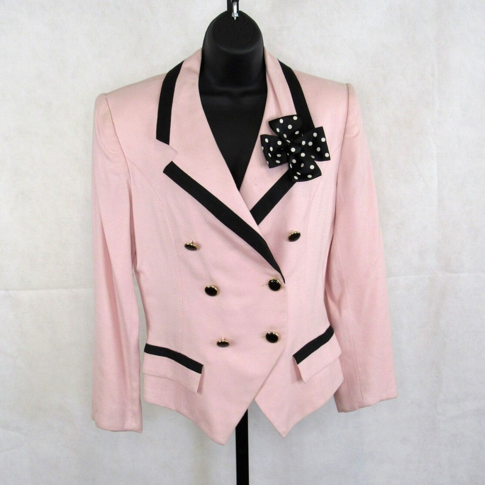 VTG Barbie Pink Black Contrast Tuxedo Jacket Blazer Career Office Preppy Classic